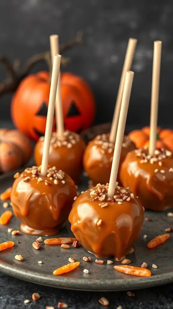 A plate of caramel apple pops with nuts, surrounded by Halloween decorations.