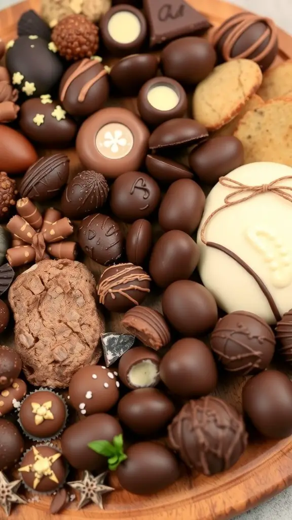 A variety of chocolates and cookies arranged on a wooden charcuterie board.