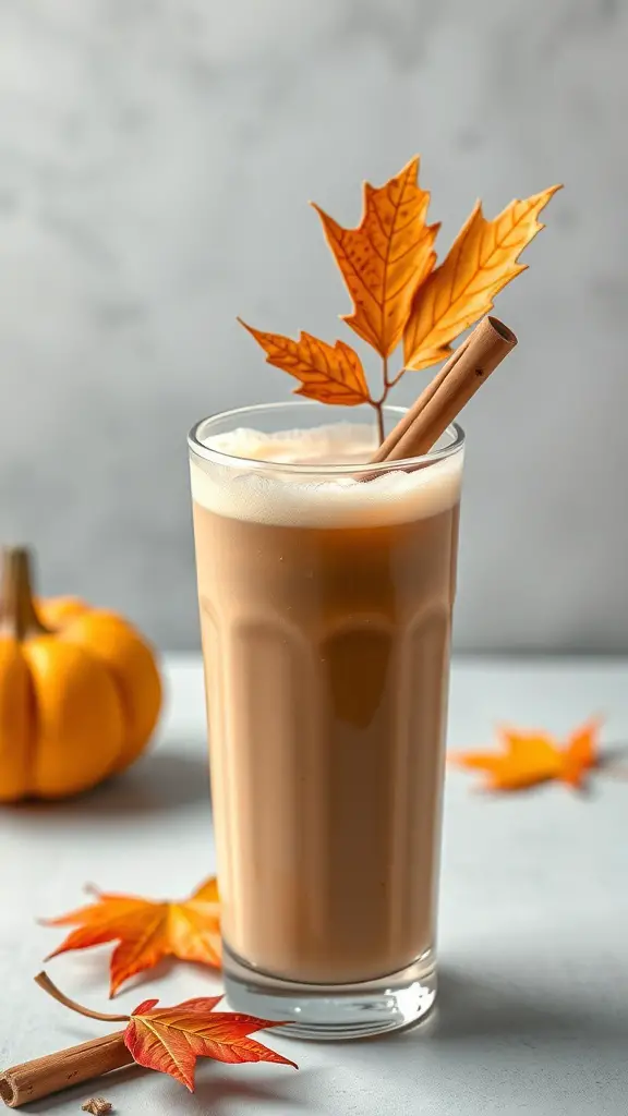 Chai Pumpkin Cream Cold Brew in a glass with autumn leaves and a cinnamon stick