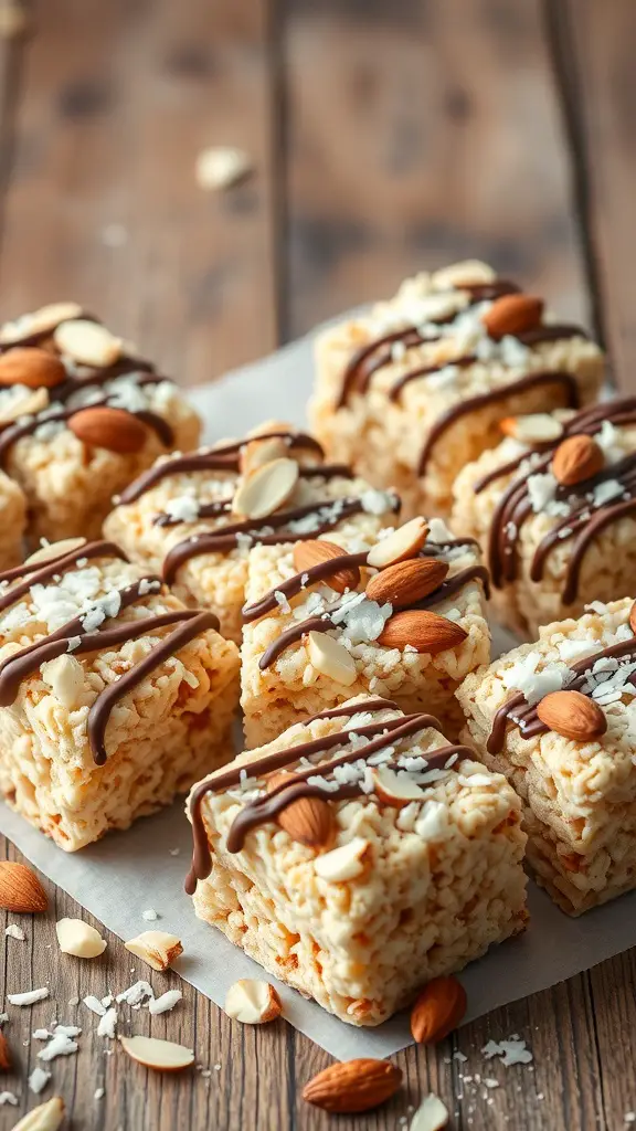 Almond Joy Rice Krispie Treats with chocolate drizzle, almonds, and coconut on a wooden surface.