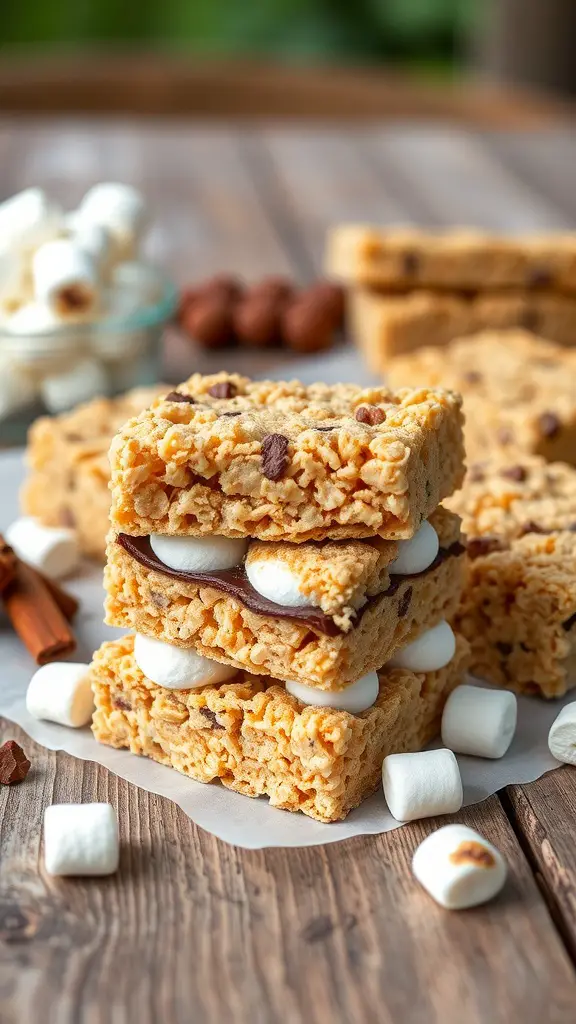 Delicious S'mores Inspired Rice Krispie Treats stacked on a wooden table with marshmallows and chocolate in the background.