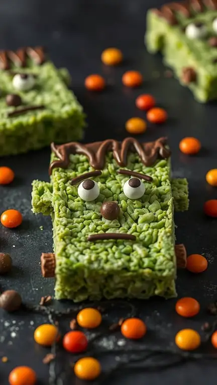 Frankenstein Rice Krispie Treats decorated with chocolate and candy, surrounded by colorful candy pieces.