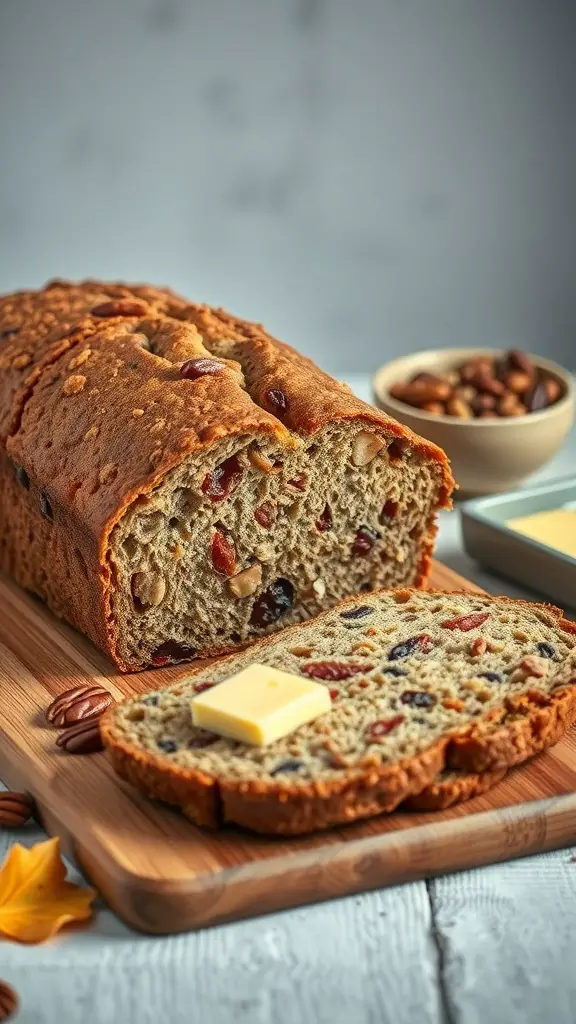 A loaf of Autumn Harvest Bread with butter on a wooden cutting board, surrounded by nuts and a small bowl of mixed nuts.