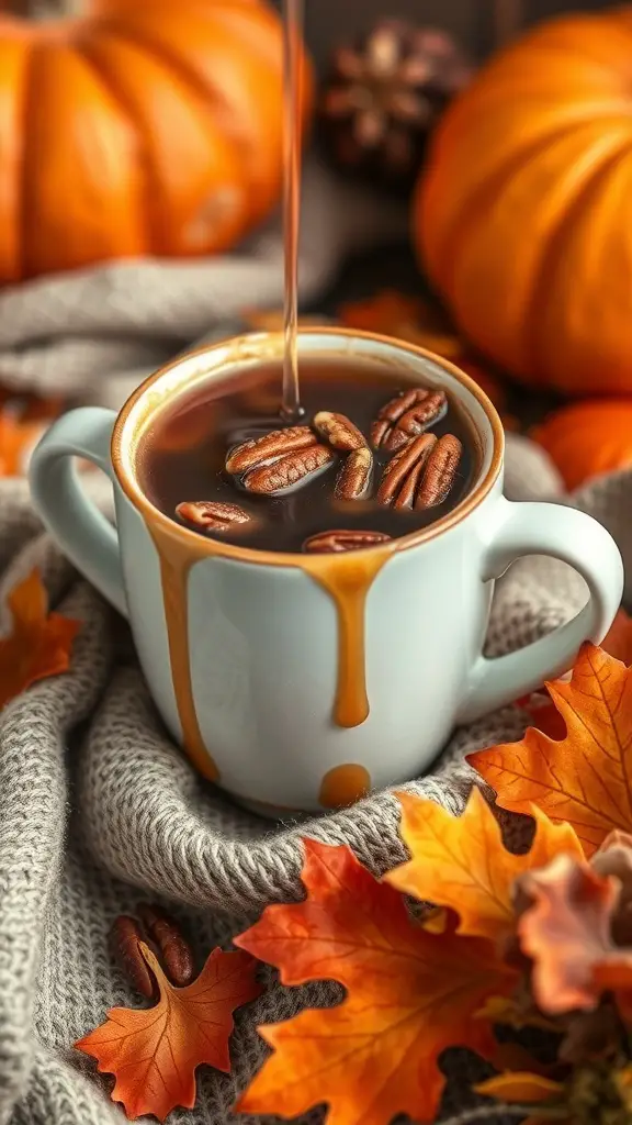 A cozy cup of coffee with pecans and maple syrup, surrounded by autumn leaves and pumpkins.