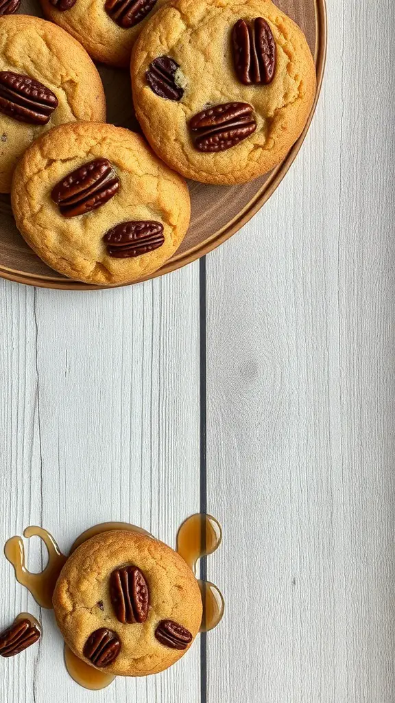 A plate of Maple Pecan Cookies with pecans on top and a drizzle of maple syrup