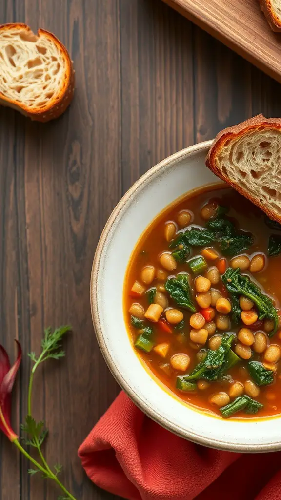 Bowl of lentil and kale soup with a slice of bread on a wooden table