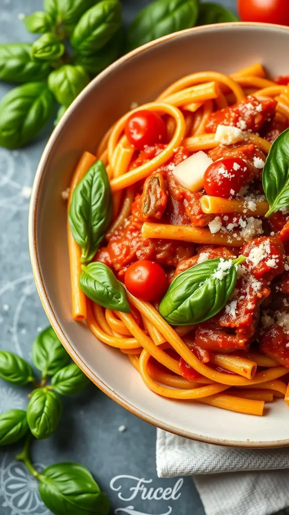 A bowl of Penne Arrabbiata pasta topped with fresh basil and cherry tomatoes.