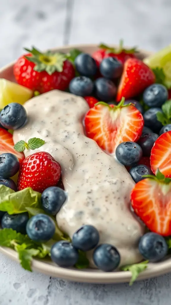 A bowl of fresh salad with poppy seed dressing, featuring strawberries, blueberries, and leafy greens.