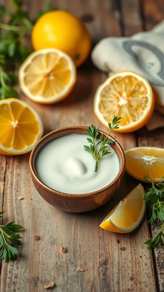 Bowl of tartar sauce with lemon slices and parsley on a wooden table.