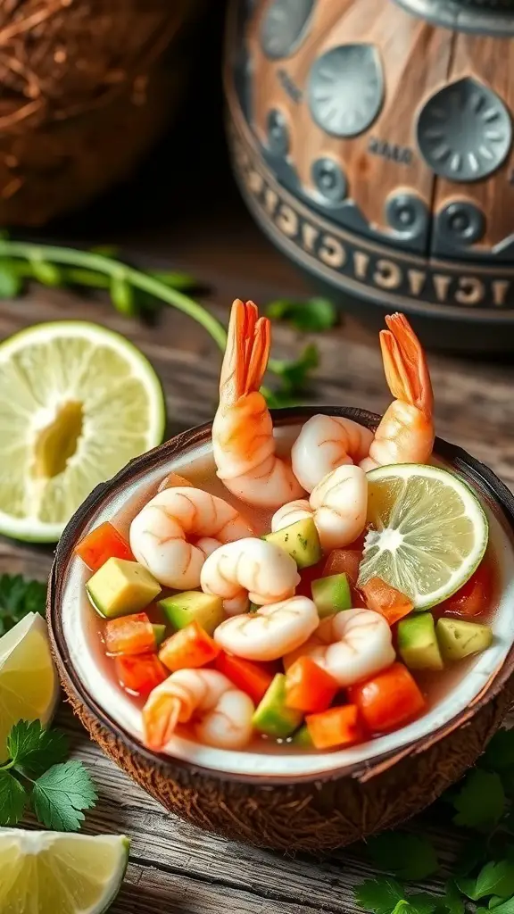 A bowl of shrimp ceviche with avocado, tomatoes, and lime, garnished with cilantro.