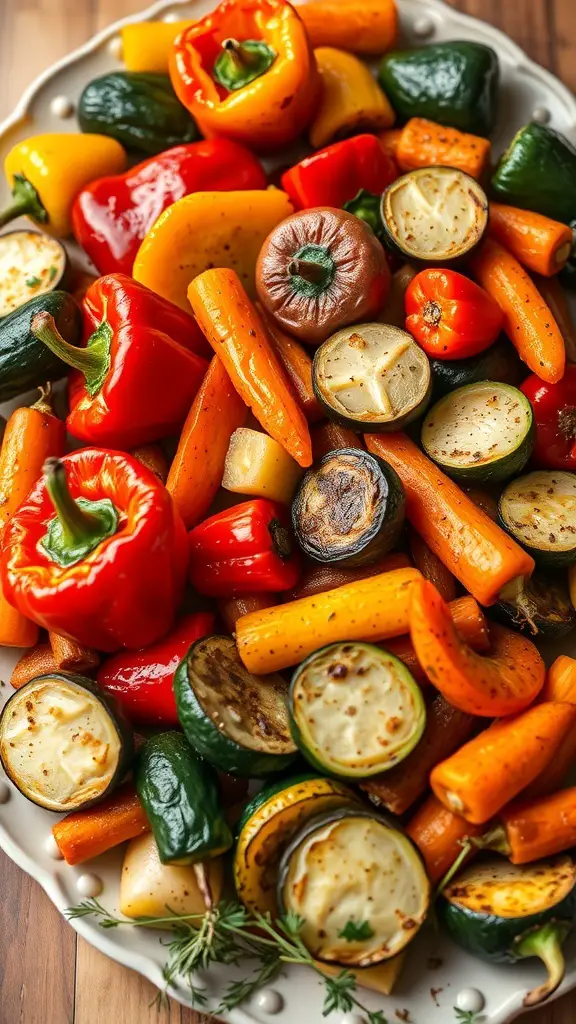 A colorful platter of roasted vegetables including bell peppers, carrots, and zucchini.