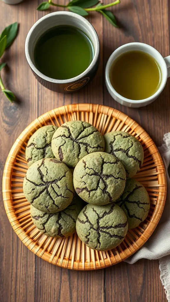 A basket filled with matcha green tea no bake cookies, accompanied by cups of green tea.
