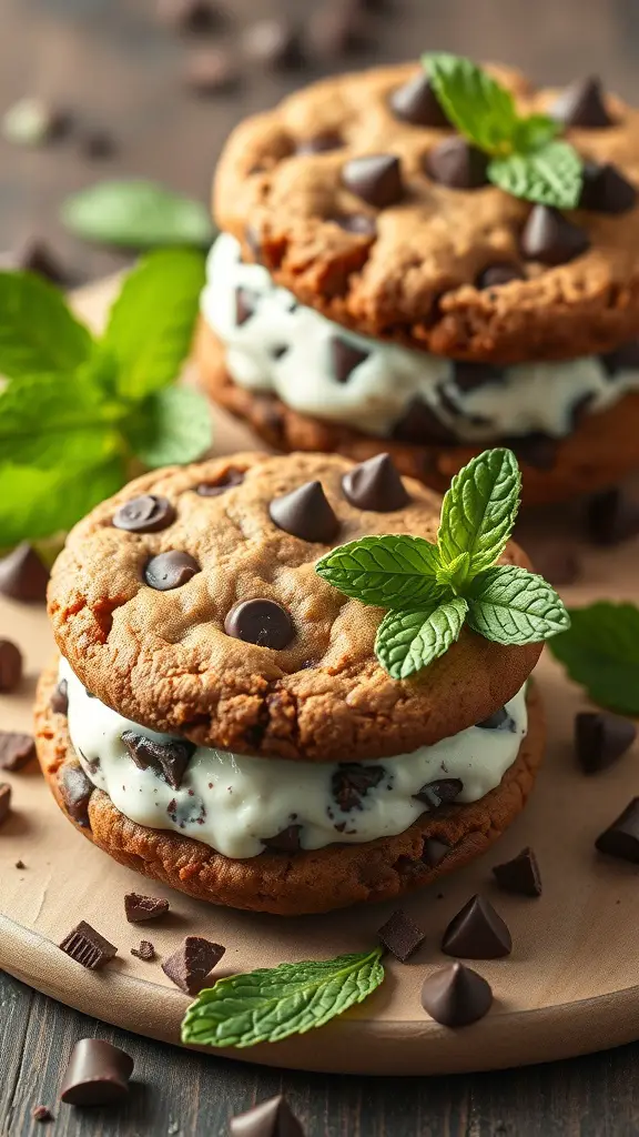 Mint chocolate chip cookie sandwiches with fresh mint leaves and chocolate chips