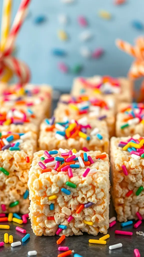 Colorful Rice Krispie treats topped with sprinkles