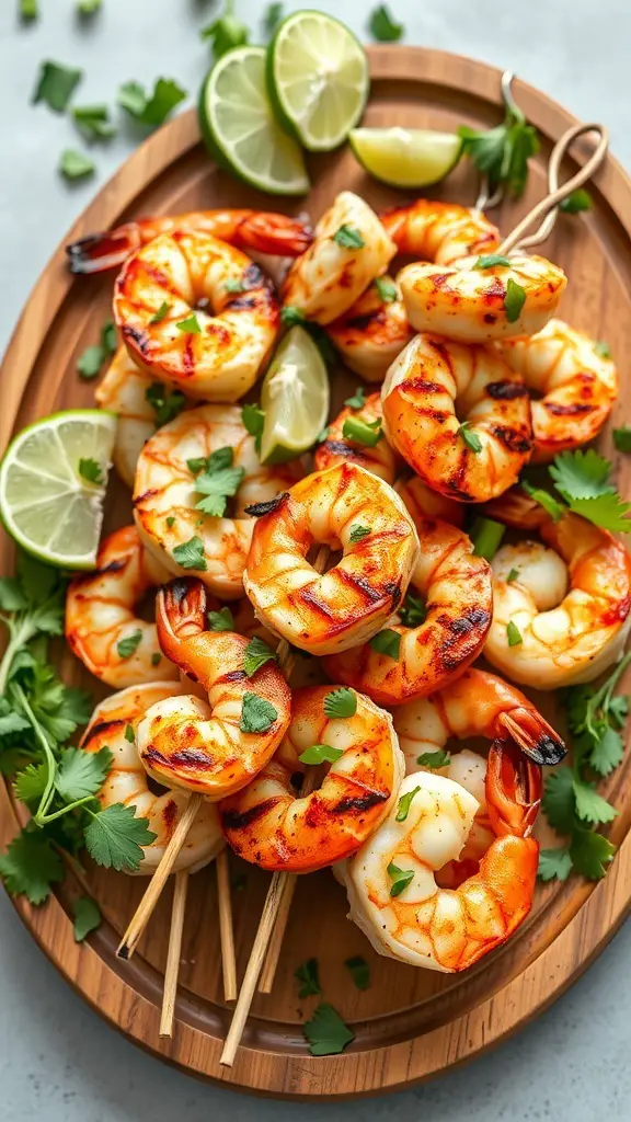 Grilled coconut lime shrimp skewers garnished with cilantro and lime wedges on a wooden platter.