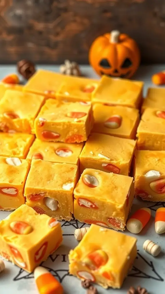 Colorful candy corn fudge squares with candy corn scattered around, set against a rustic background.