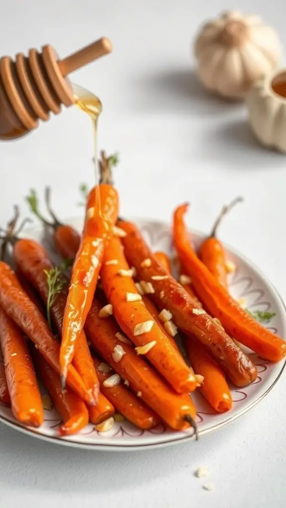 A plate of honey garlic glazed carrots being drizzled with honey, with garlic cloves in the background.