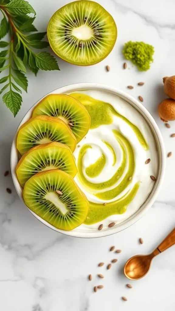 A Matcha Green Tea Yogurt Bowl with kiwi slices and seeds on a marble surface.