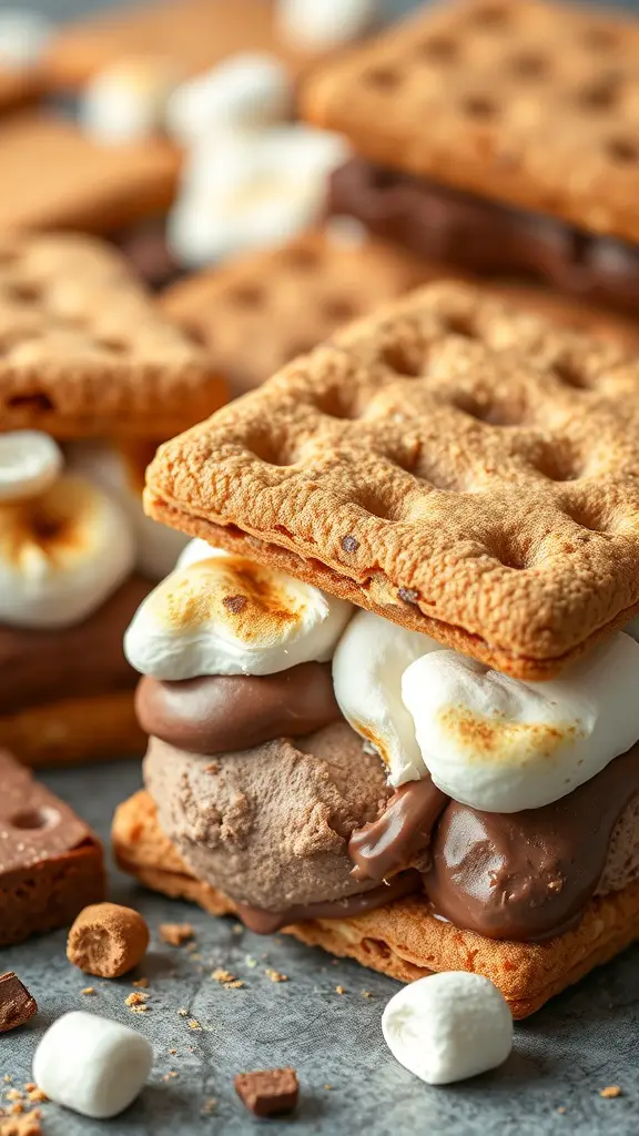 Close-up of s'mores ice cream sandwiches with toasted marshmallows and graham crackers