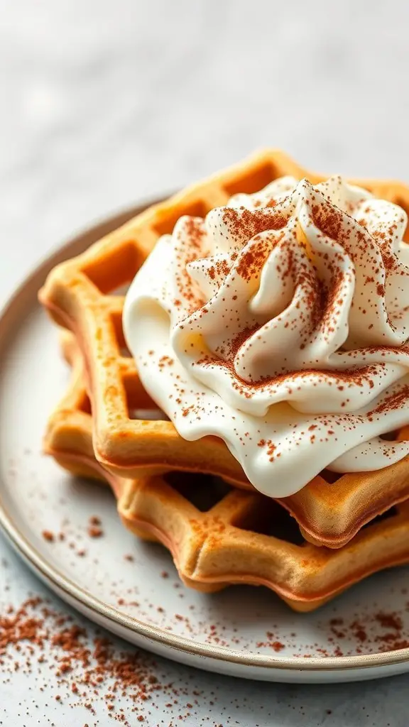 A plate of coconut flour waffles topped with whipped cream and cocoa powder.