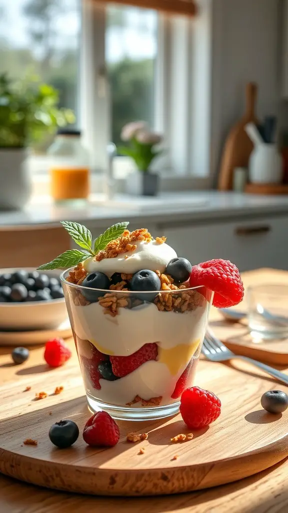 A breakfast charcuterie cup with yogurt, berries, and granola