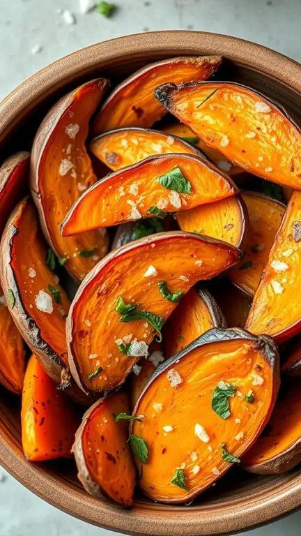 A bowl of roasted sweet potato wedges garnished with herbs and sea salt.