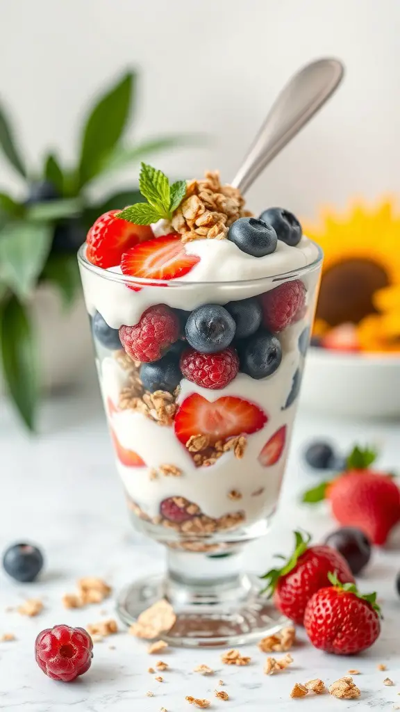 A colorful fruit and yogurt parfait with layers of yogurt, strawberries, blueberries, raspberries, and granola, garnished with a mint leaf.