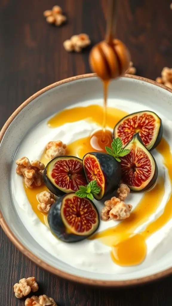 A bowl of Greek yogurt topped with caramelized figs, honey drizzle, and crunchy toppings.