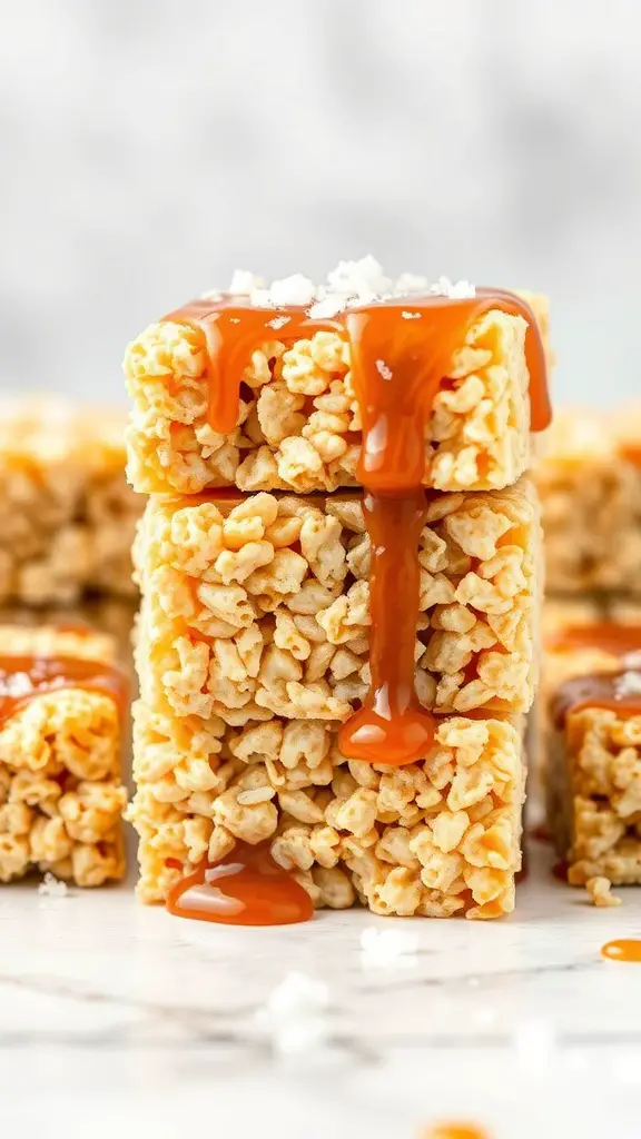 Stack of rice krispie treats drizzled with caramel and topped with sea salt.