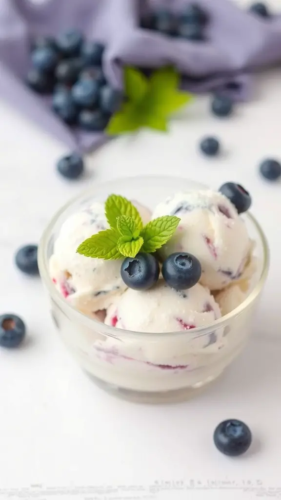 A bowl of blueberry coconut ice cream topped with fresh blueberries and mint leaves.