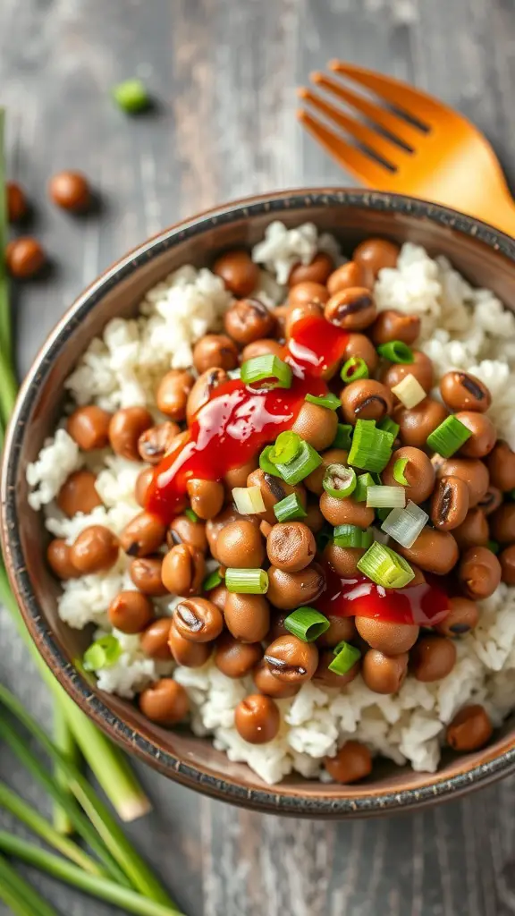 Bowl of black-eyed peas on rice topped with ketchup and green onions