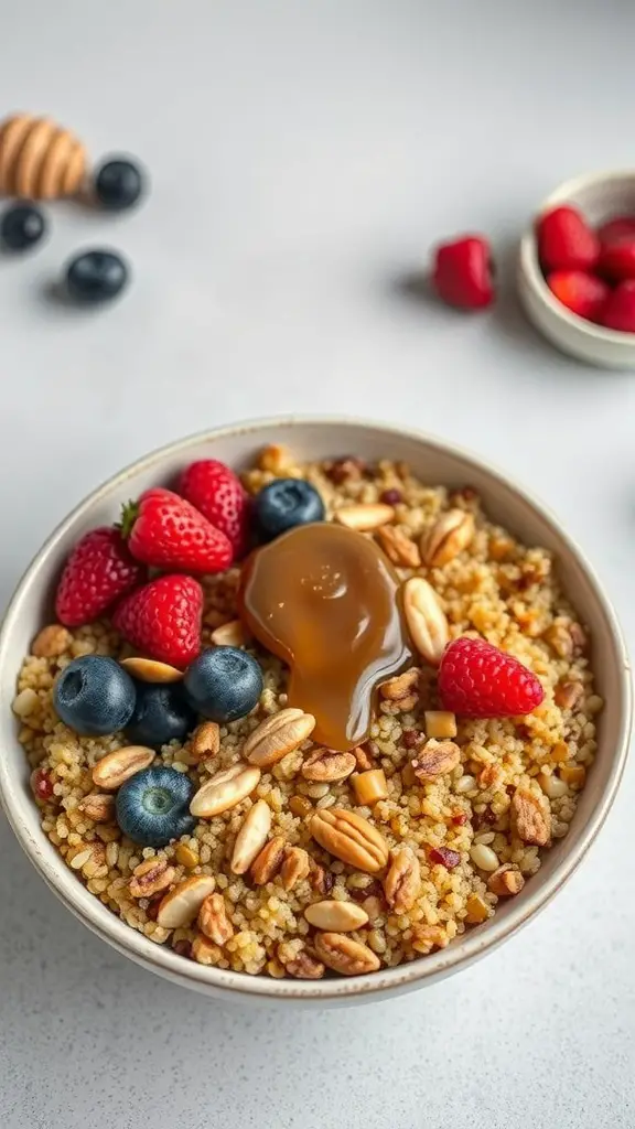 A quinoa breakfast bowl topped with nuts and fresh berries, drizzled with honey.