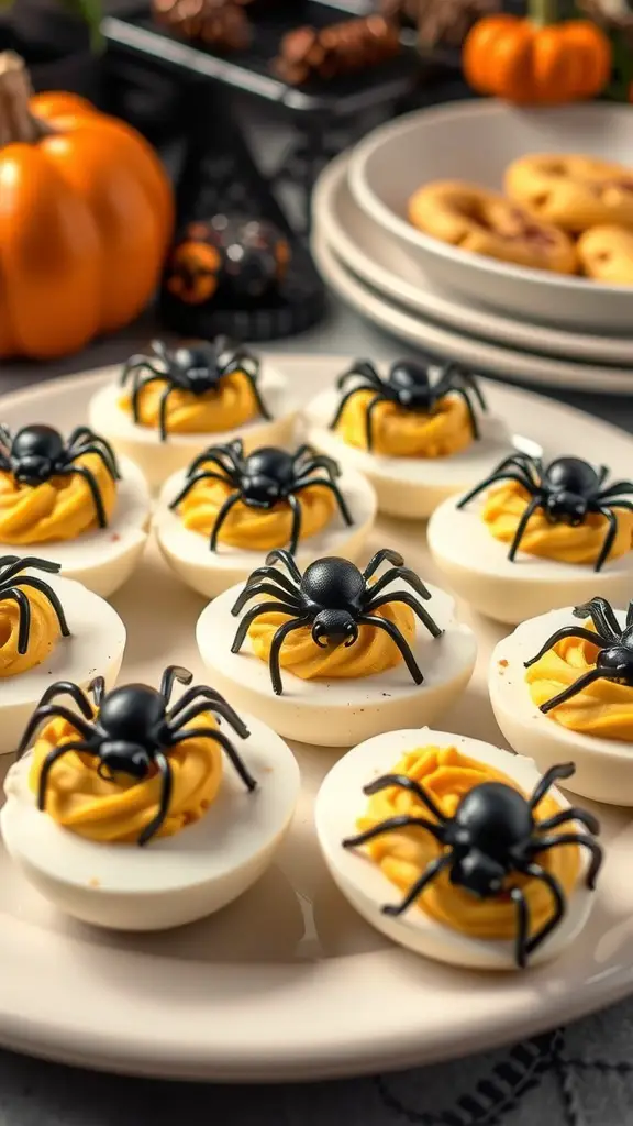 A plate of deviled eggs decorated with plastic spiders, perfect for Halloween.