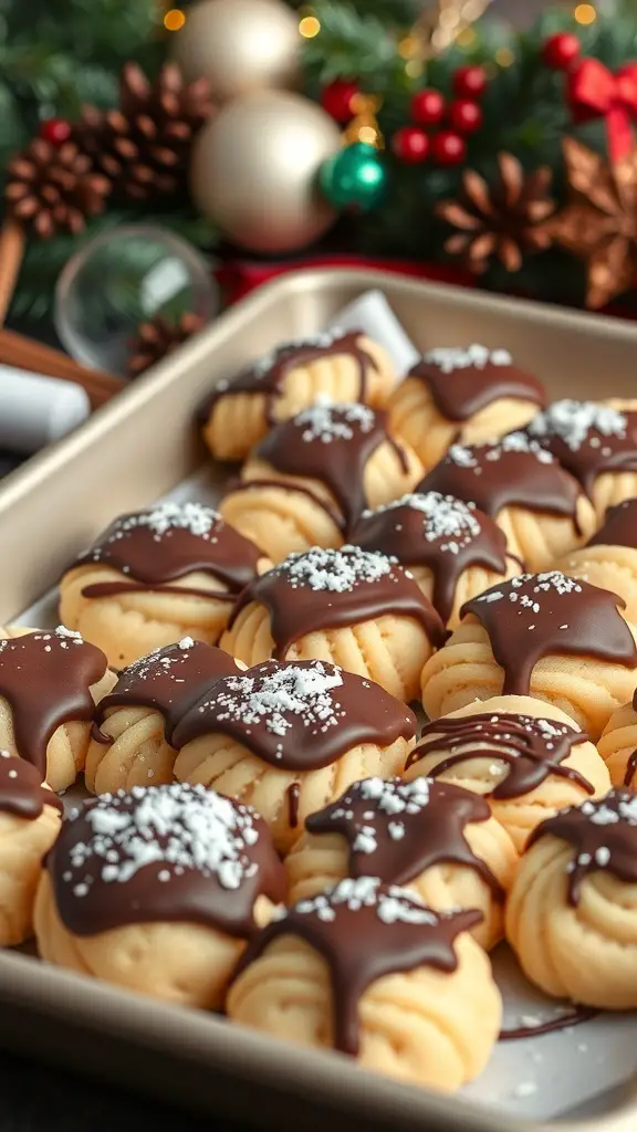 A tray of Mostaccioli cookies topped with chocolate and powdered sugar, surrounded by Christmas decorations.