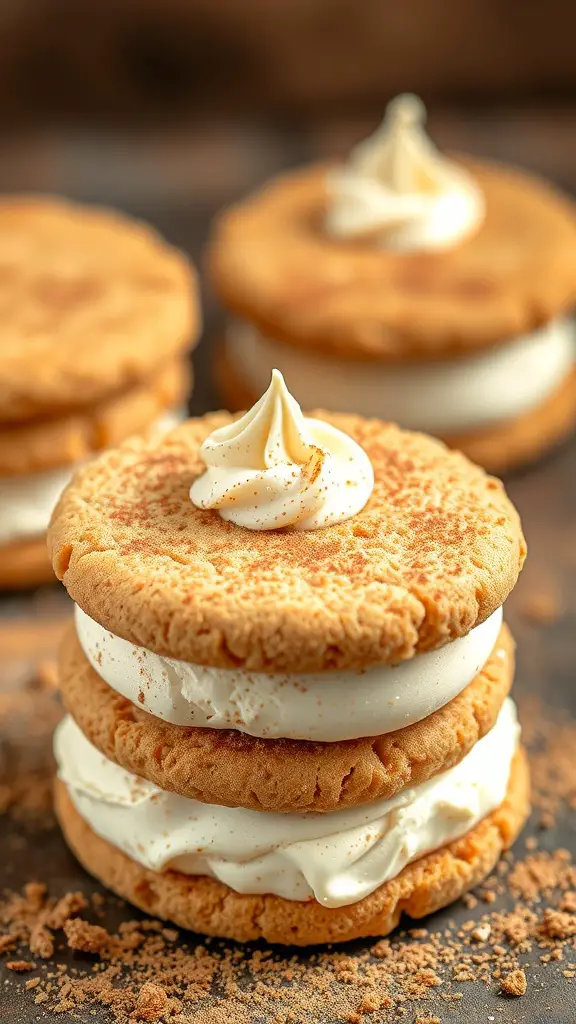 Stacked snickerdoodle ice cream sandwiches with cinnamon swirl on top