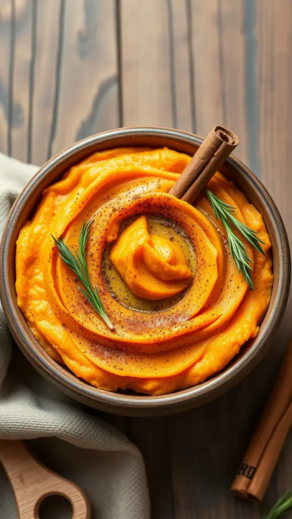 A bowl of spiced sweet potato mash topped with cinnamon and herbs, with a wooden background.