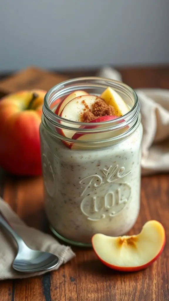 A jar of apple cinnamon overnight oats topped with apple slices and cinnamon, with a fresh apple beside it.