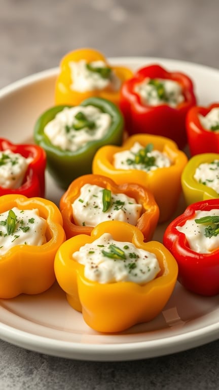 A plate of colorful cheese stuffed peppers, filled with creamy cheese and garnished with herbs.