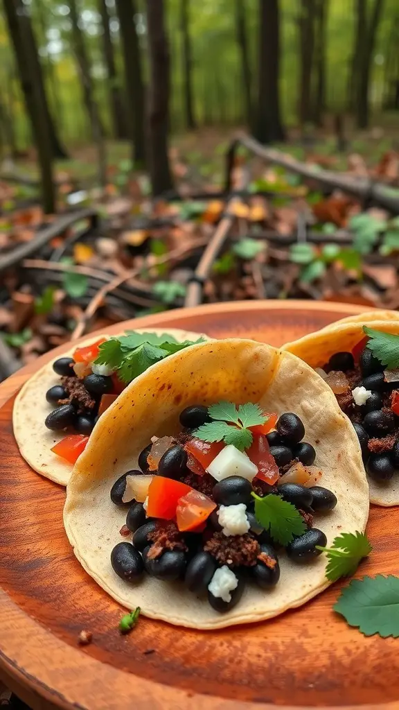 Spicy black bean tacos on a wooden plate in a forest setting