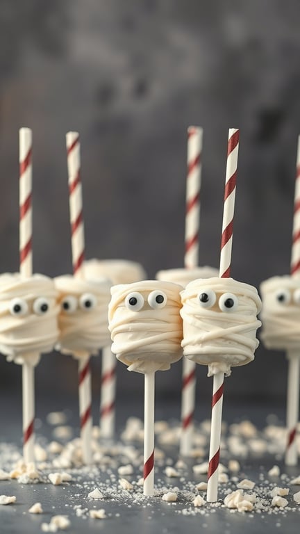 Mummy Marshmallow Pops on striped sticks with candy eyes