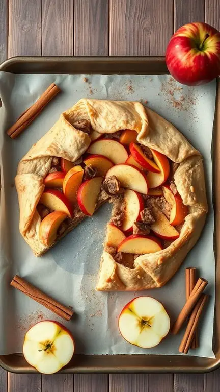 A freshly baked apple cinnamon galette on a baking sheet, with apple slices and cinnamon sticks around it.