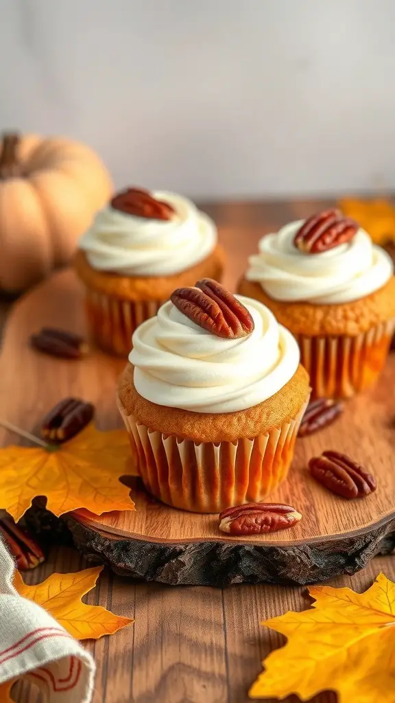 Three pecan pie cupcakes with whipped topping and pecans on top, surrounded by autumn leaves and a small pumpkin.