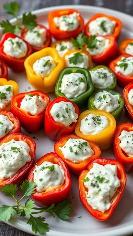 A plate of colorful stuffed mini peppers filled with creamy filling and garnished with herbs.