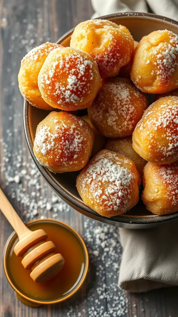 A bowl of zippuli, sweet fried dough balls, dusted with powdered sugar, served with honey.
