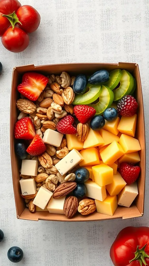 A colorful fruit and nut snack box with strawberries, blueberries, nuts, and cheese cubes.
