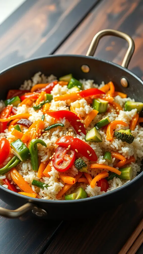 A colorful vegetable stir-fry with rice in a pan, featuring bell peppers and broccoli.