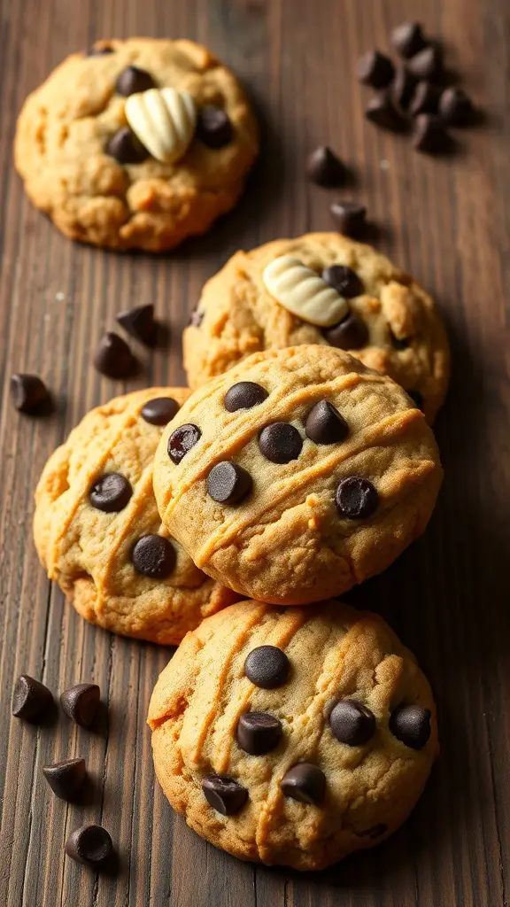 Almond flour cookies with dark chocolate chips on a wooden surface