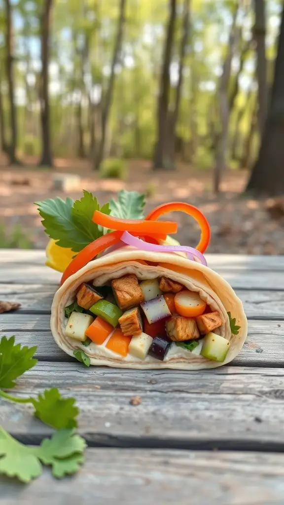 A grilled veggie and hummus wrap with colorful vegetables, set against a natural background.