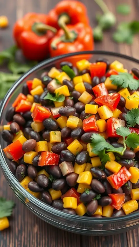 A bowl of Spicy Black Bean and Corn Salad with colorful ingredients.