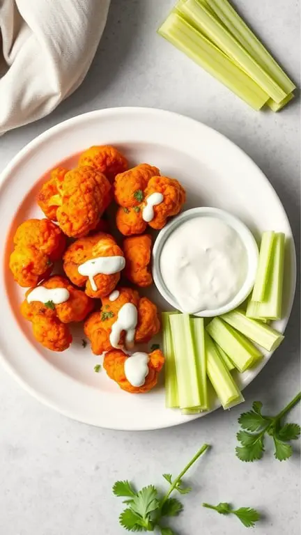 A plate of spicy buffalo cauliflower bites with ranch dressing and celery sticks